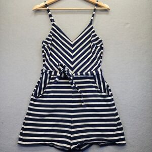 Monteau Los Angeles Navy White Striped Romper Small Sleeveless Tie Waist Pocket